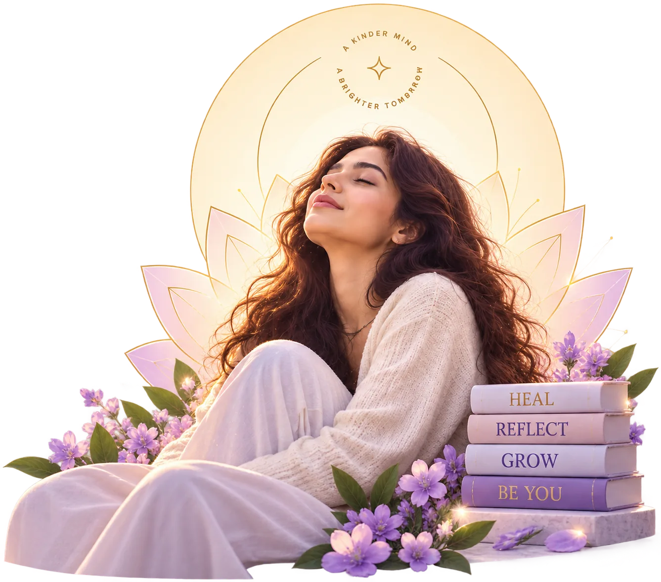 Woman sitting peacefully among flowers